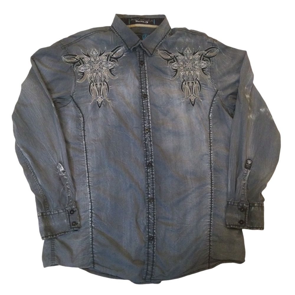 Buckle Roar Embroidered Crystal Wash Stretch Embroidered Shirt Size XL